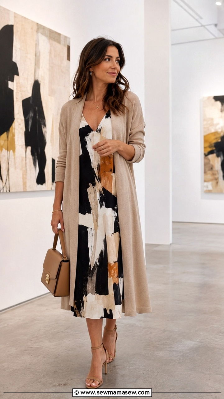 Printed Midi Dress with Solid Cardigan - 30 Midi dress with cardigan outfit ideas