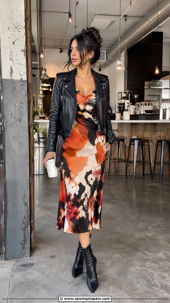 Printed Midi Dress with a Leather Jacket - 25 Brunch outfit ideas with a midi dress