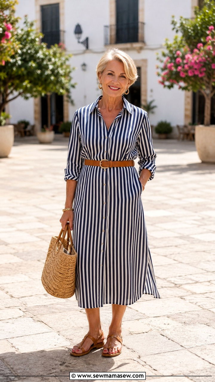 Printed Midi Shirt Dress with Flat Sandals - 30 Petite outfits for women over 60