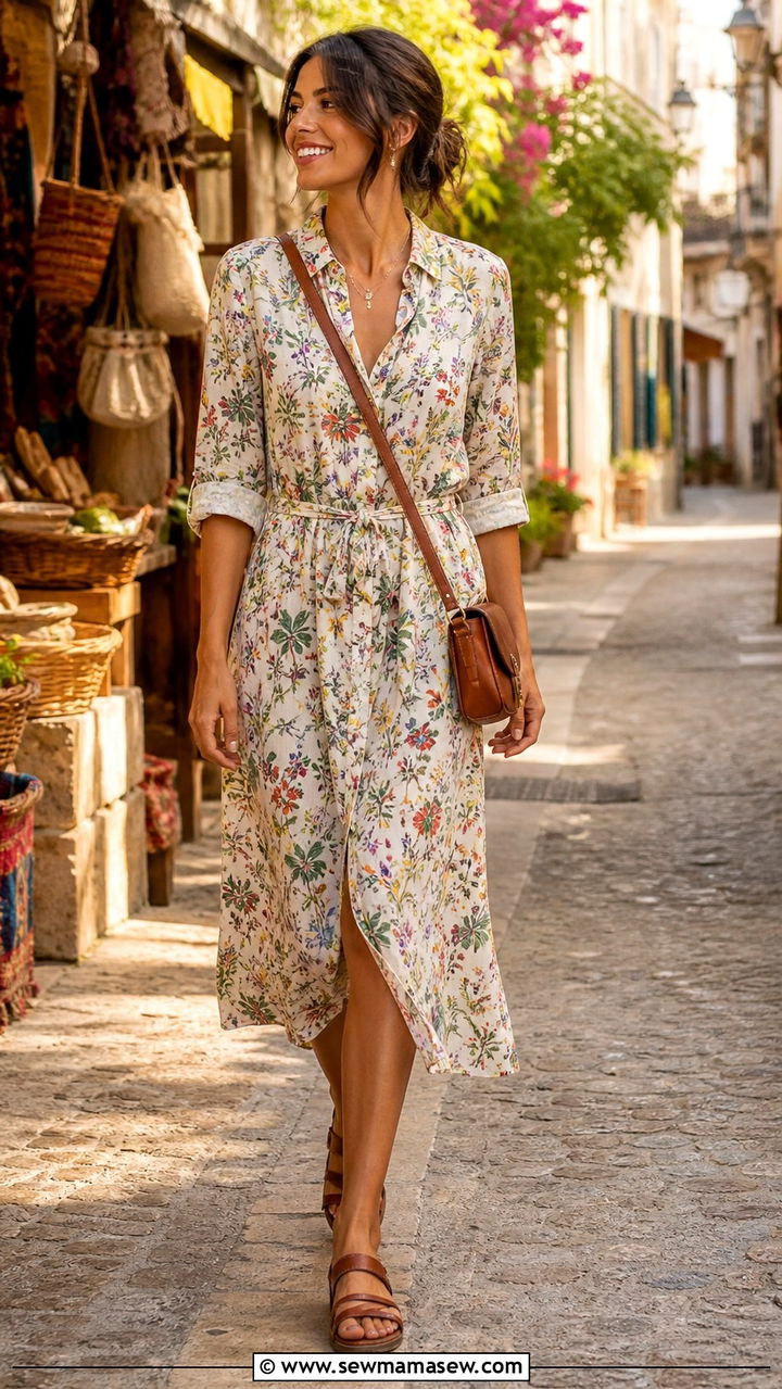 Printed Midi Shirtdress And Flat Sandals With A Crossbody Bag - 40 casual travel outfits