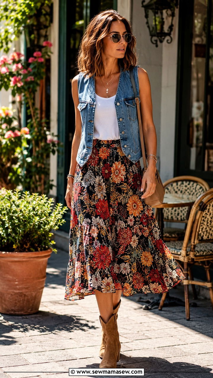 Printed Midi Skirt With Denim Vest - 30 Nashville outfit ideas for women