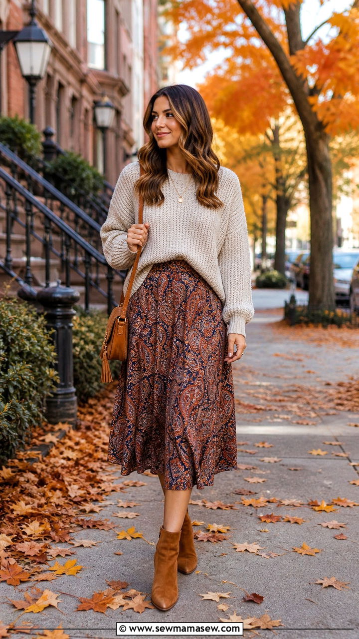 Printed Midi Skirt With Knit Sweater - 25 Boho outfit ideas with midi skirt