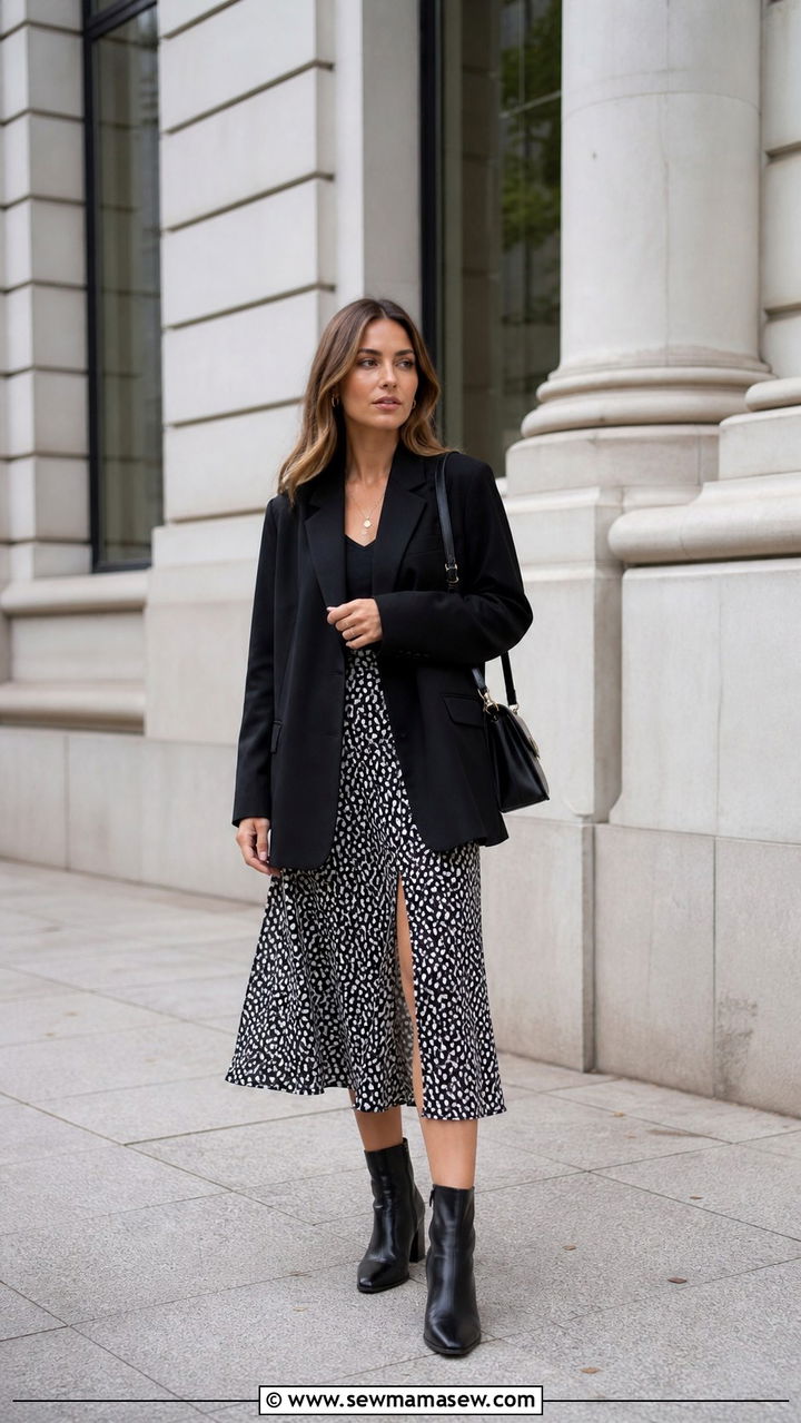 Printed Midi Skirt With Oversized Blazer And Ankle Boots - 40 midi skirt outfit ideas