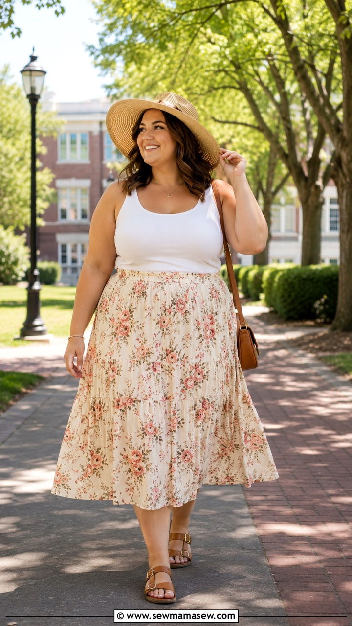 Printed Midi Skirt With Simple Tank And Buckled Sandals - 30 Plus size outfit ideas for college