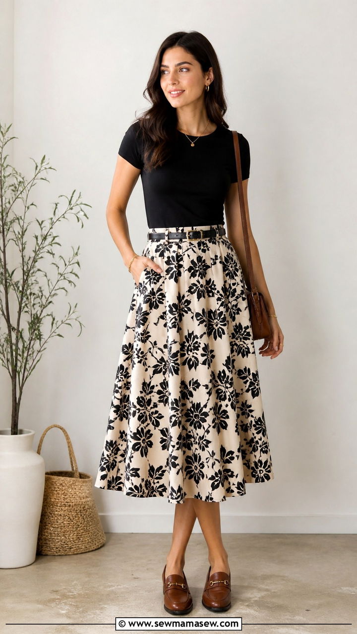 Printed Midi Skirt With Solid Top and Loafers - 20 45 year old woman outfit ideas