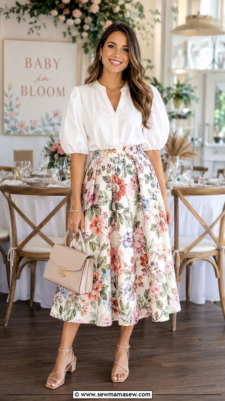 Printed Midi Skirt with Puff Sleeve Blouse - 25 Baby shower brunch outfit ideas