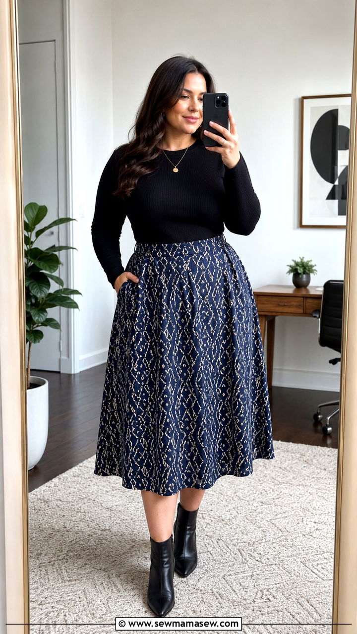Printed Midi Skirt with Solid Sweater - 30 Office outfit ideas plus size
