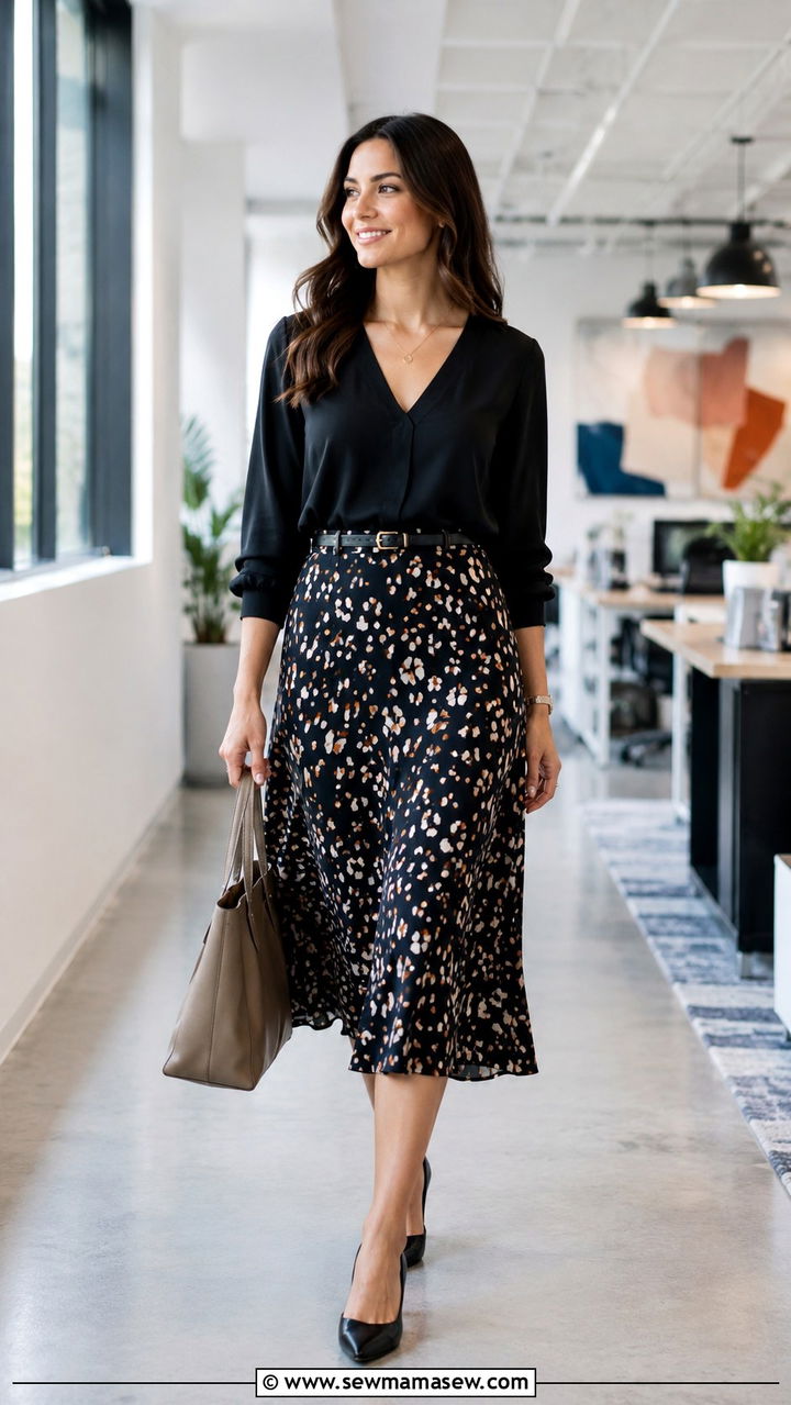 Printed Midi Skirt with a Solid Tucked Blouse - 20 work outfits for women with tummy