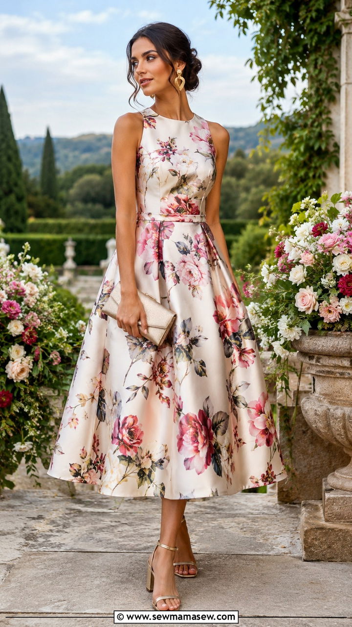 Printed Mikado Tea Length Dress With Block Heels - 20 Wedding guest outfit ideas tea length dress