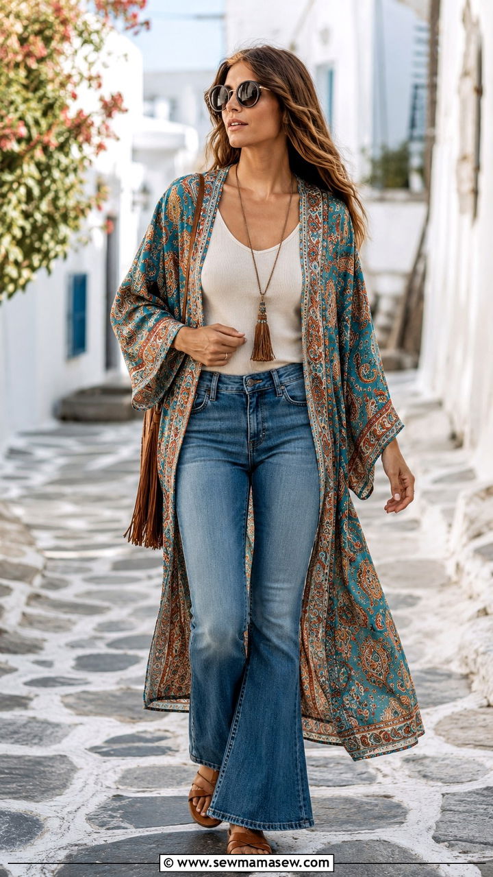 Printed Paisley Kimono with Flared Jeans Summer Outfit - 25 Boho outfit ideas with flared jeans