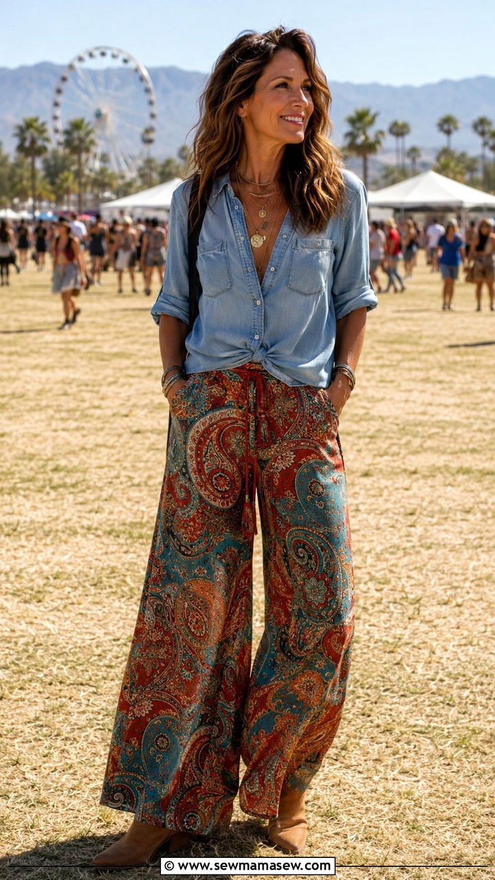 Printed Paisley Palazzo Pants and a Solid Chambray Top - 25 palazzo pants outfits for women over 40