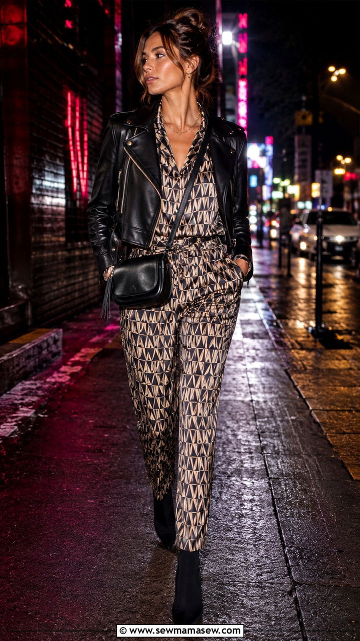 Printed Pajama Set With Leather Jacket - 20 Pajama set outfit ideas 2026