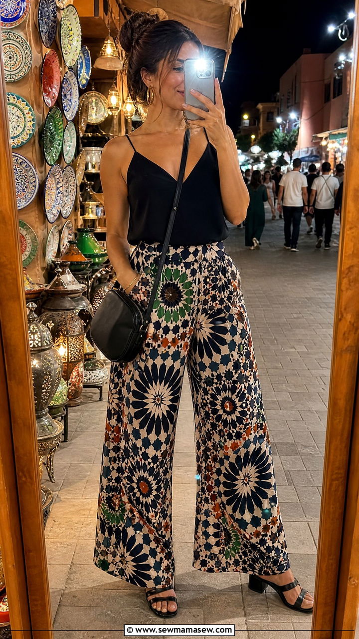 Printed Palazzo Pants With Solid Cami - 25 Casablanca outfit ideas