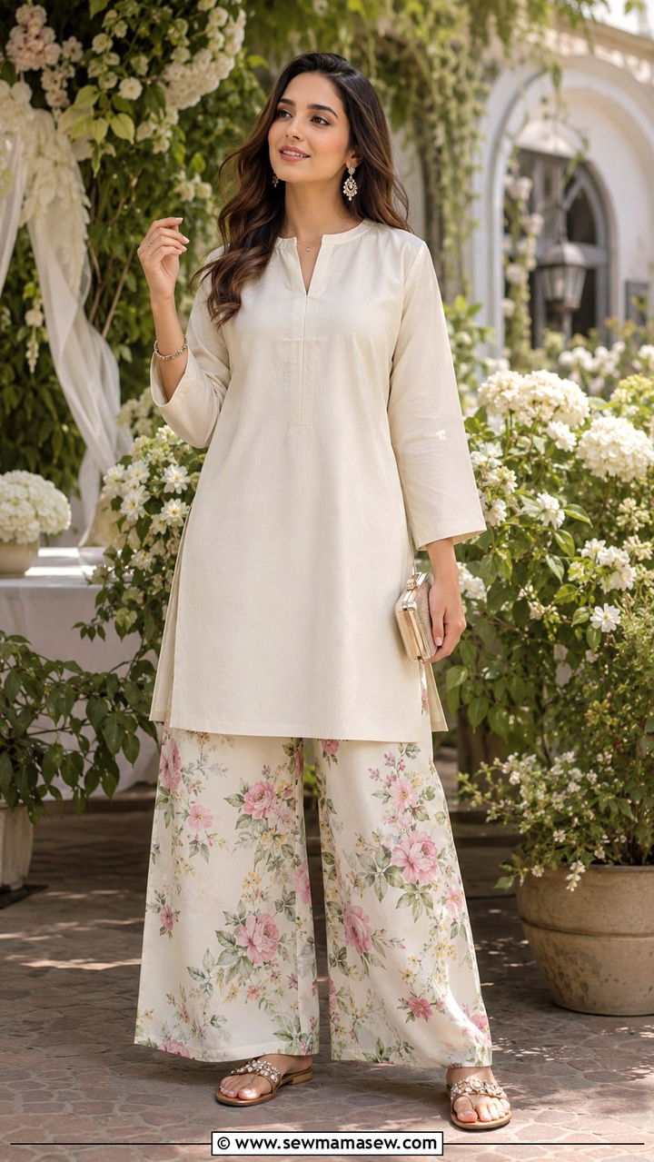 Printed Palazzo Pants With Solid Color Tunic - 30 Modest outfit ideas with wide leg pants