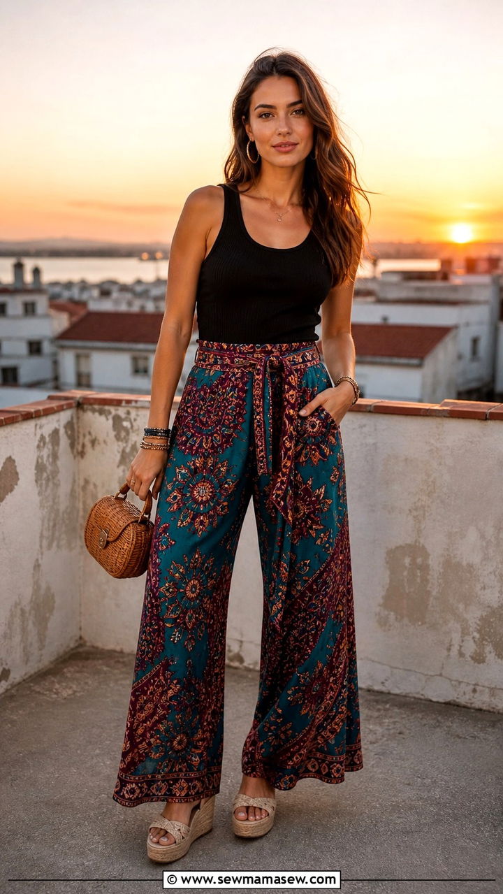 Printed Palazzo Pants with Fitted Tank - 40 Boho outfit ideas