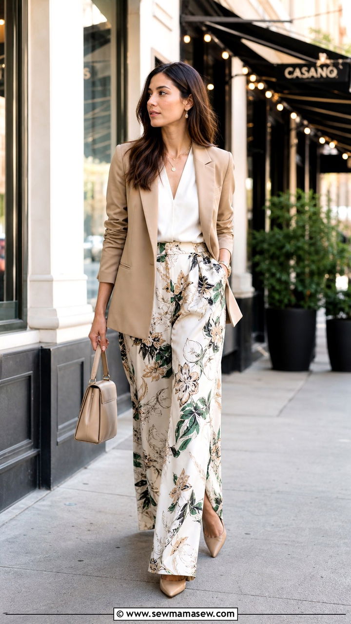 Printed Palazzo Pants with Solid Blazer - 40 Spring work outfits