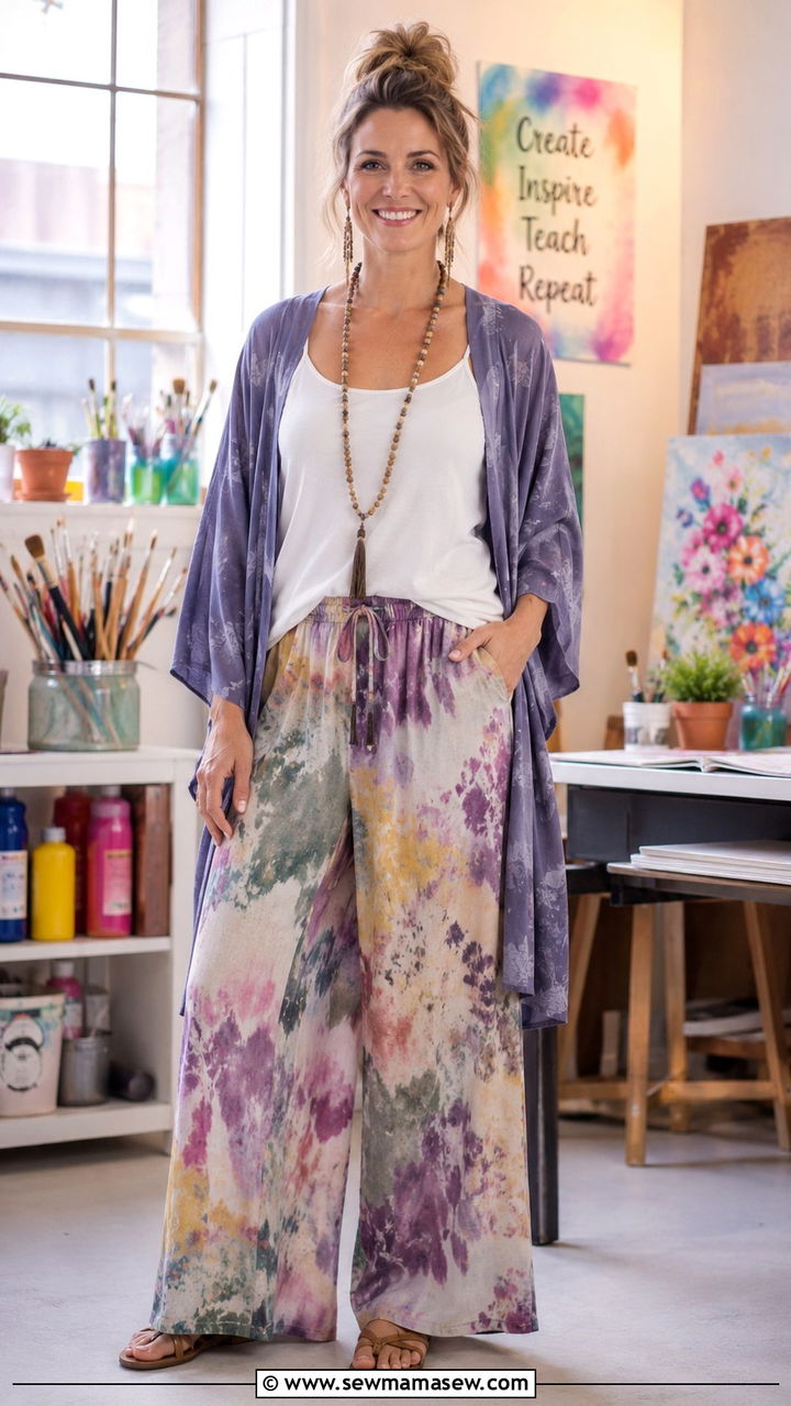 Printed Palazzo Pants with Tank and Kimono Outfit - 30 teacher outfits 2026
