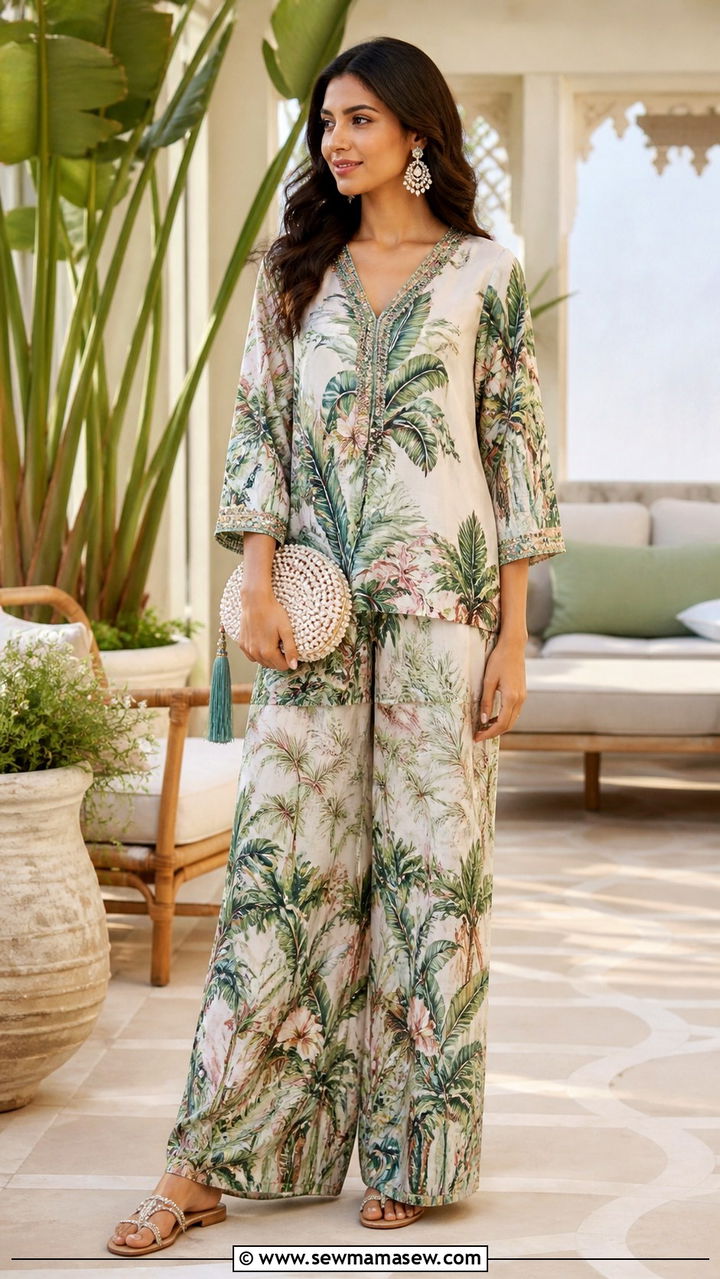 Printed Palazzo Set With Embellished Clutch For Resort Weddings - 40 classy wedding guest outfits