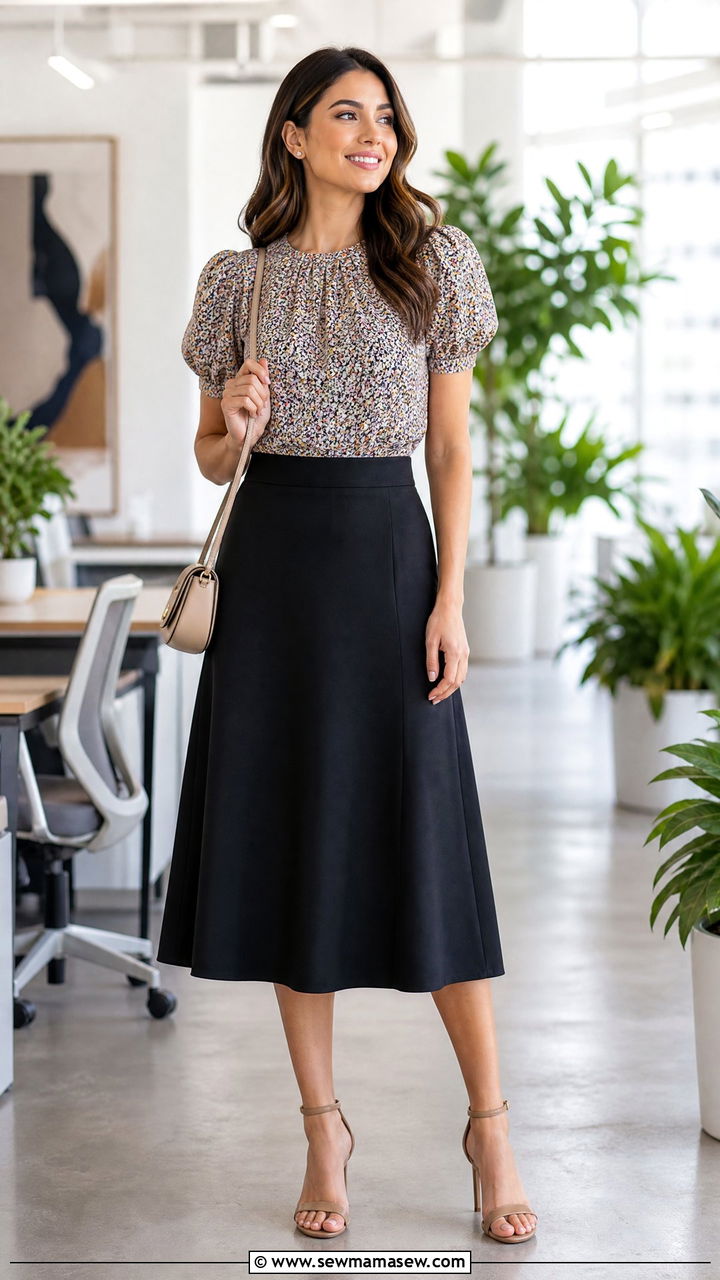 Printed Puff Sleeve Blouse with Black Midi Skirt and Sandals - 25 How to style a midi skirt for work