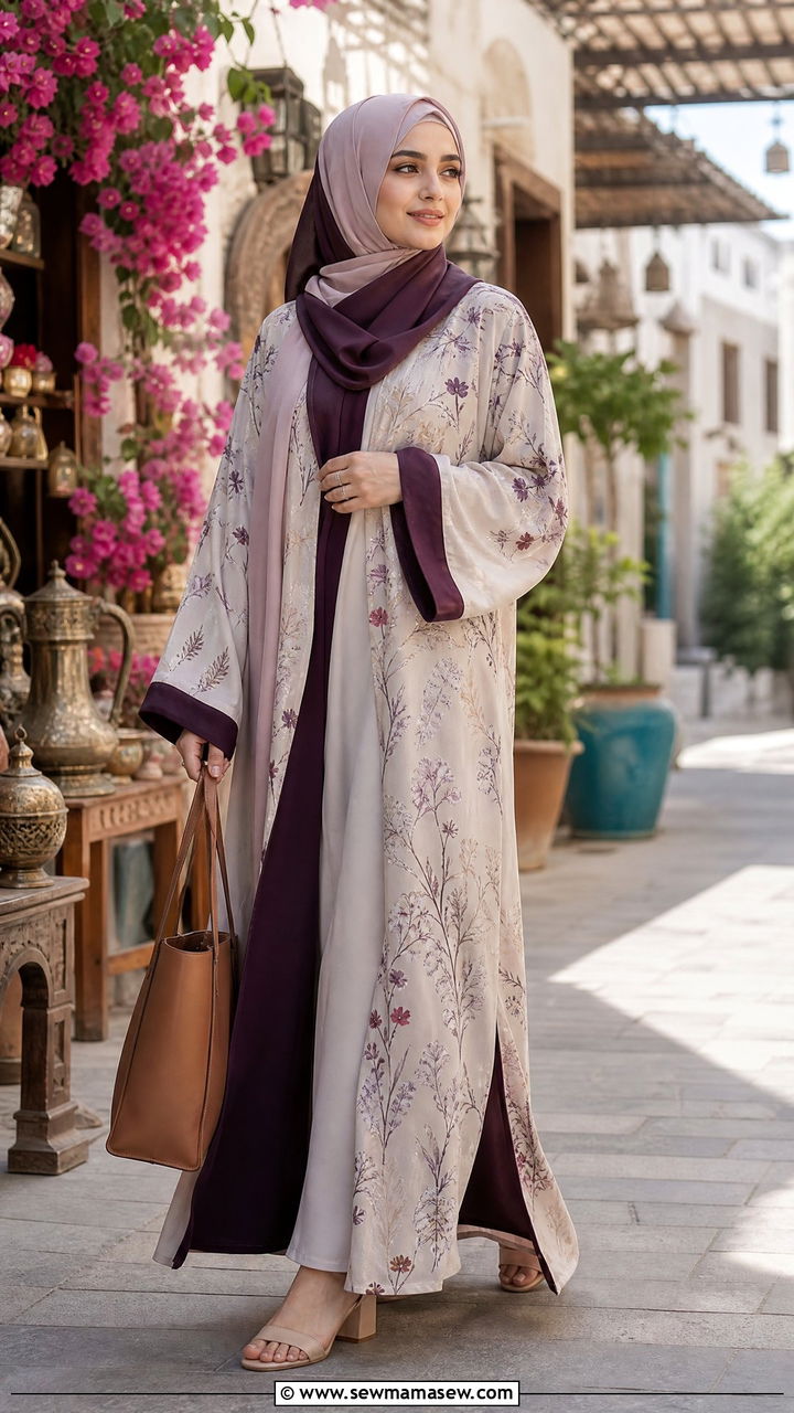 Printed Reversible Abaya with Two Tone Hijab Styling - 30 Eid outfit ideas with hijab