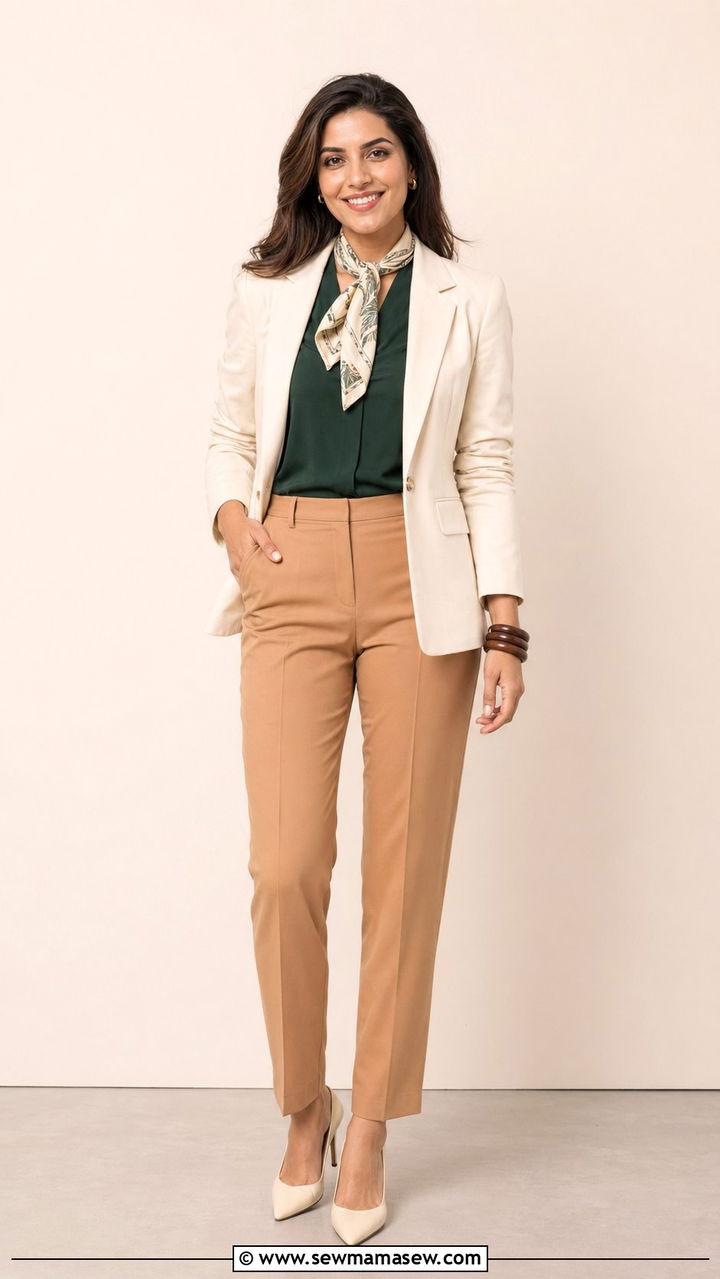 Printed Scarf And Solid Blouse Outfit - 30 Zoom interview outfit ideas