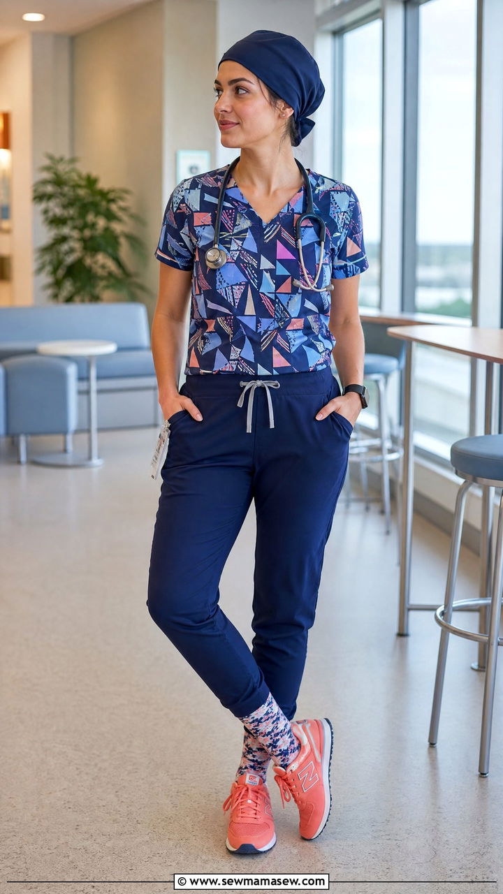 Printed Scrub Top With Solid Jogger Pants And Color Pop Sneakers - 25 Icu nurse outfit ideas