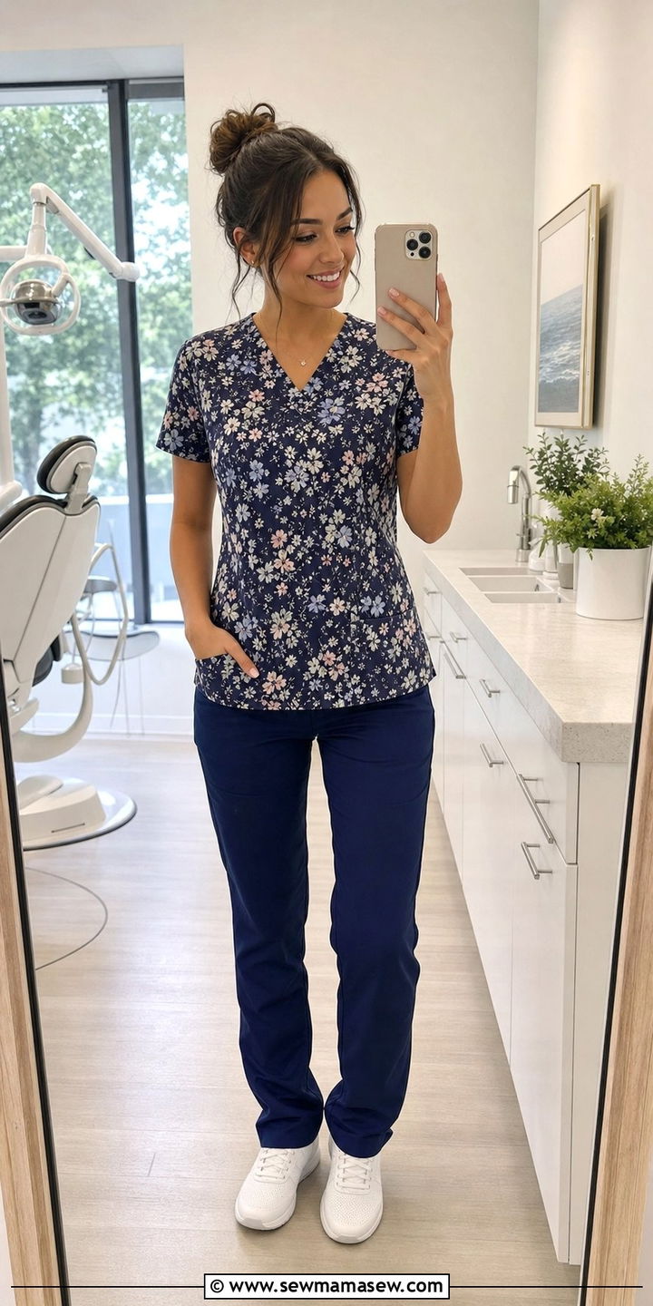 Printed Scrub Top With Solid Navy Pants - 25 Dental assistant outfit ideas