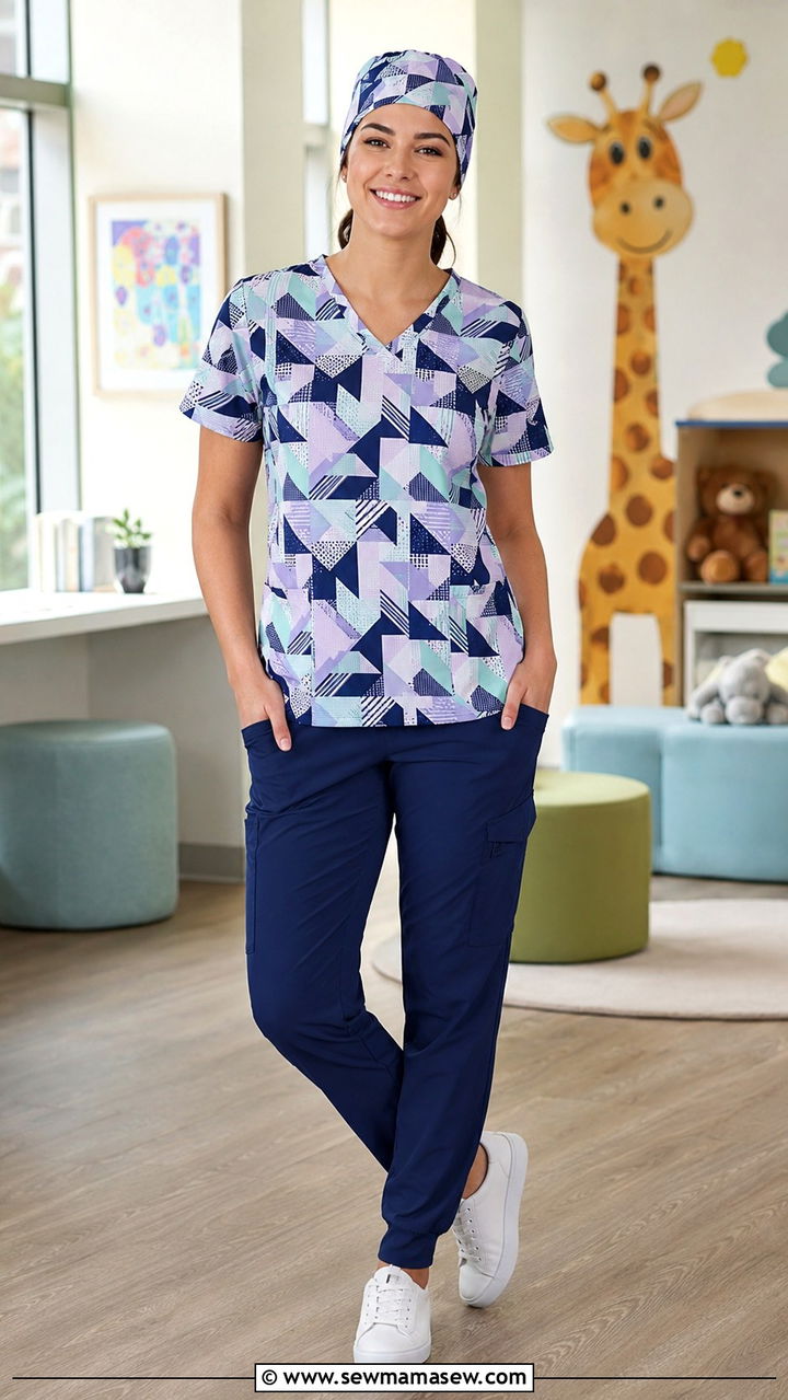 Printed Scrub Top With Solid Pants - 30 Cute scrubs outfits