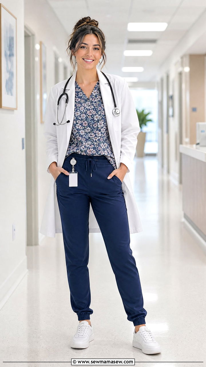 Printed Scrub Top With Solid Pants Doctor Look - 25 Female doctor outfit ideas