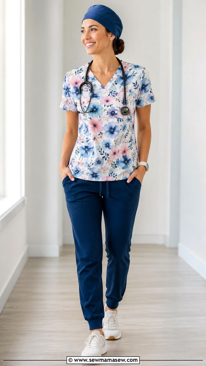 Printed Scrub Top with Neutral Joggers Outfit - 30 Scrubs outfit ideas for nurses