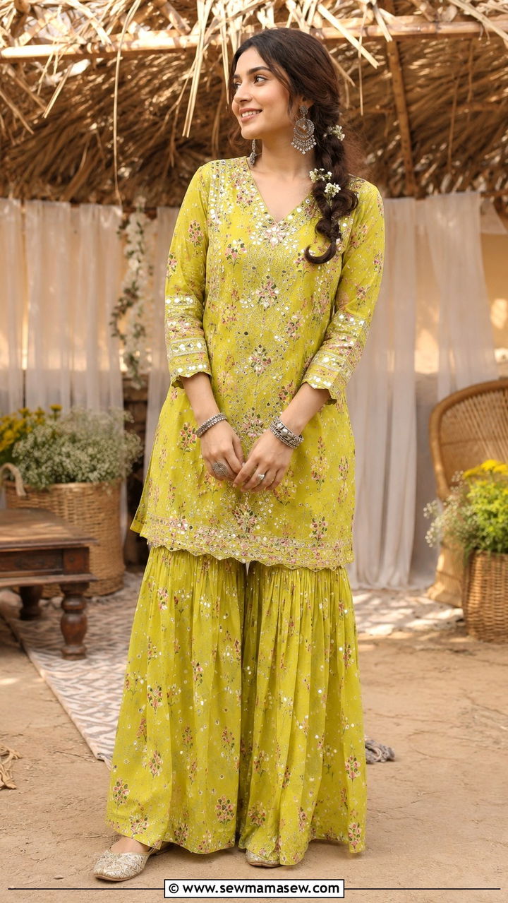 Printed Sharara Set With Mirror Work And Silver Jewelry - 20 Wedding guest outfit ideas Haldi ceremony