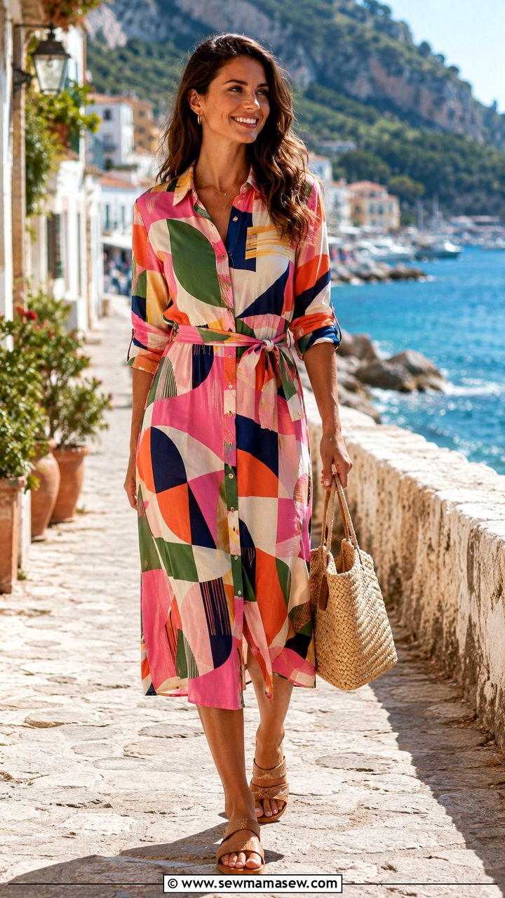 Printed Shirt Dress With Flat Leather Sandals - 30 shirt dress outfit ideas for women