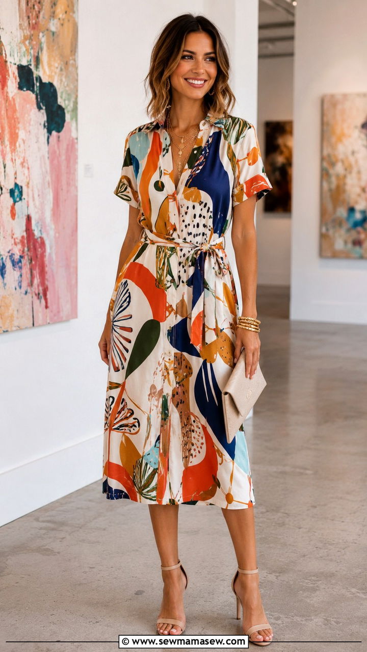Printed Shirt Dress With Neutral Heels And Gold Jewelry - 30 Shirt dress outfit ideas for summer