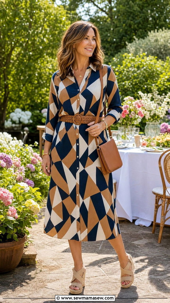 Printed Shirt Dress With Woven Belt And Wedges - 25 shirt dress outfits for women over 40