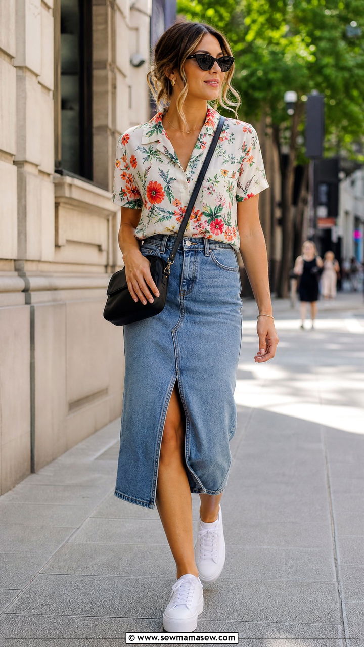 Printed Short Sleeve Button Down With Denim Midi Skirt Summer Outfit - 30 Summer outfits with button down