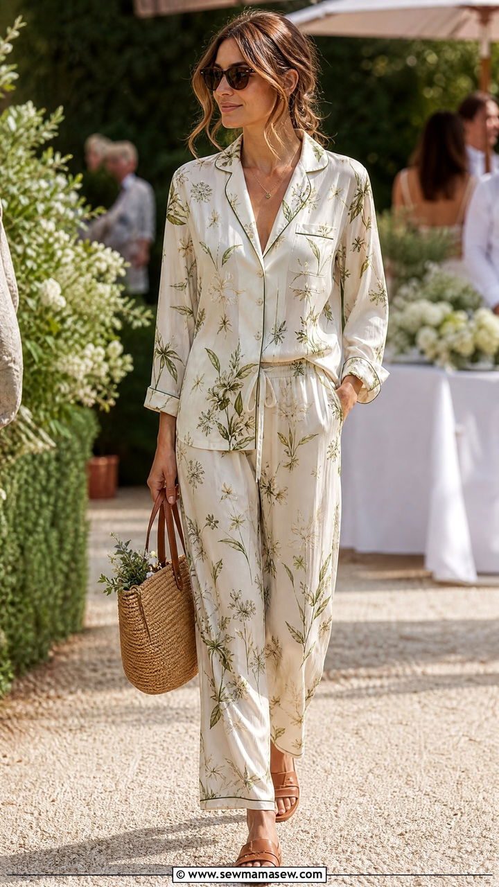 Printed Silk Pajama Set With Neutral Sandals - 25 Classic pajama set outfit ideas