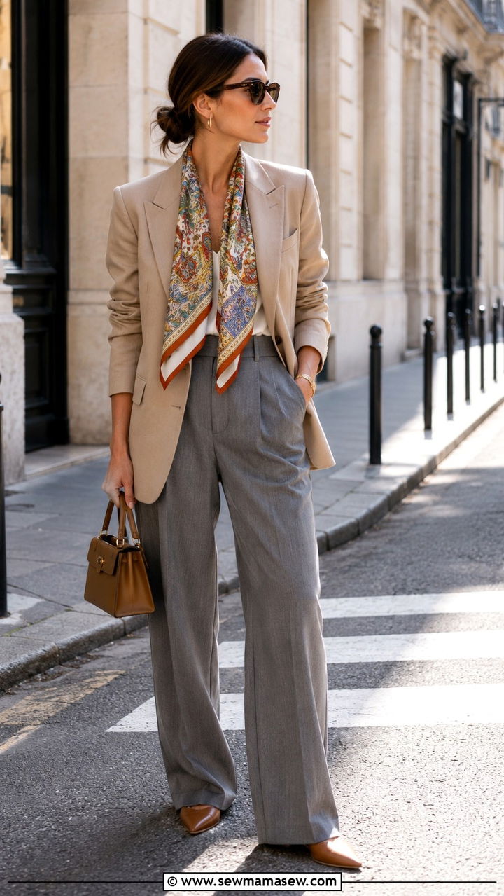 Printed Silk Scarf with Blazer and Trousers Outfit - 30 Spring wardrobe essentials 2026