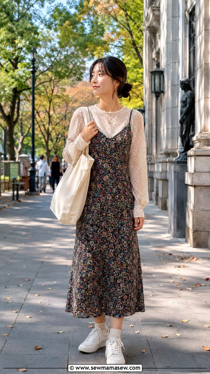 Printed Slip Dress Over Dotted Tee With Sneakers - 30 Tokyo vacation outfit ideas