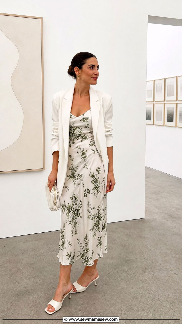 Printed Slip Dress With Solid Blazer And Mules - 25 How to style a slip dress for a wedding
