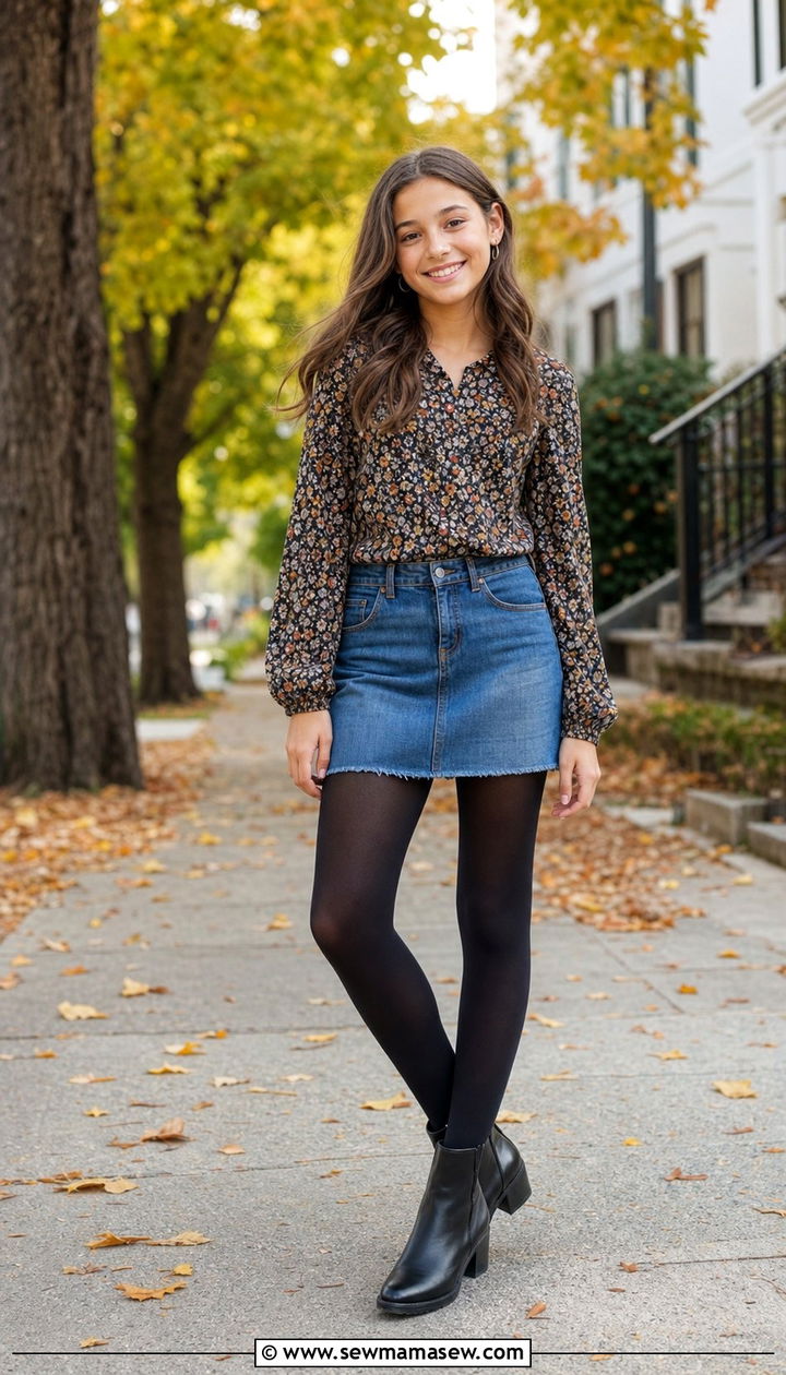 Printed Top With Denim Skirt and Opaque Tights - 35 Back to school outfit ideas 7th grade
