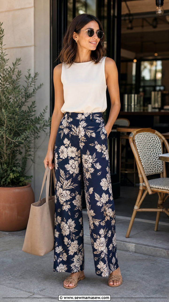 Printed Trousers With Solid Neutral Top And Minimal Sandals - 35 How to style trousers