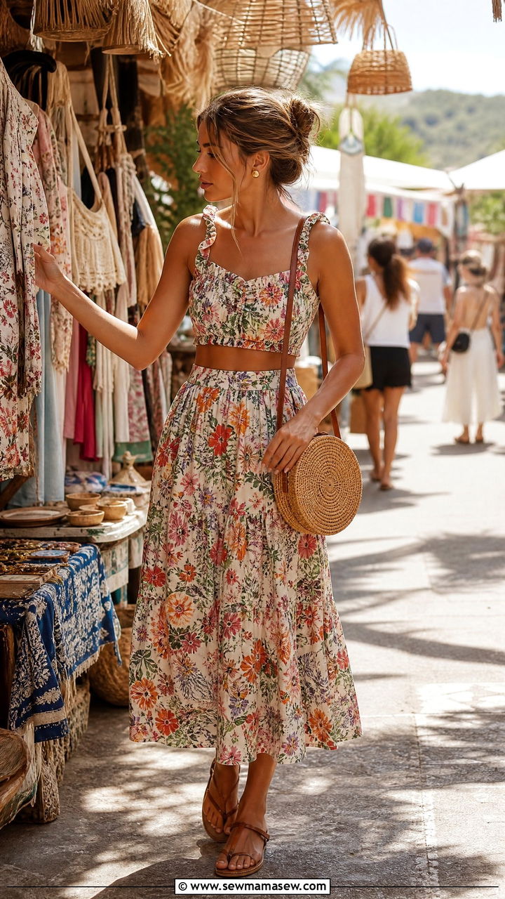 Printed Two Piece Co Ord with Straw Crossbody Bag - 30 Ibiza outfit ideas