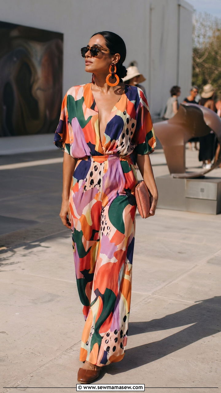 Printed Wide Leg Jumpsuit With Statement Earrings - 35 festival outfits aesthetic