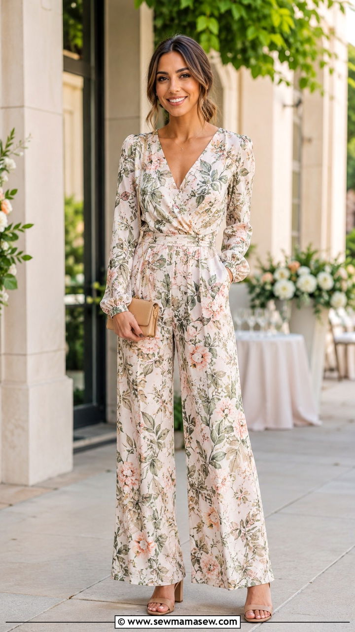 Printed Wide Leg Jumpsuit with Block Heels - 30 spring outfits for modest women