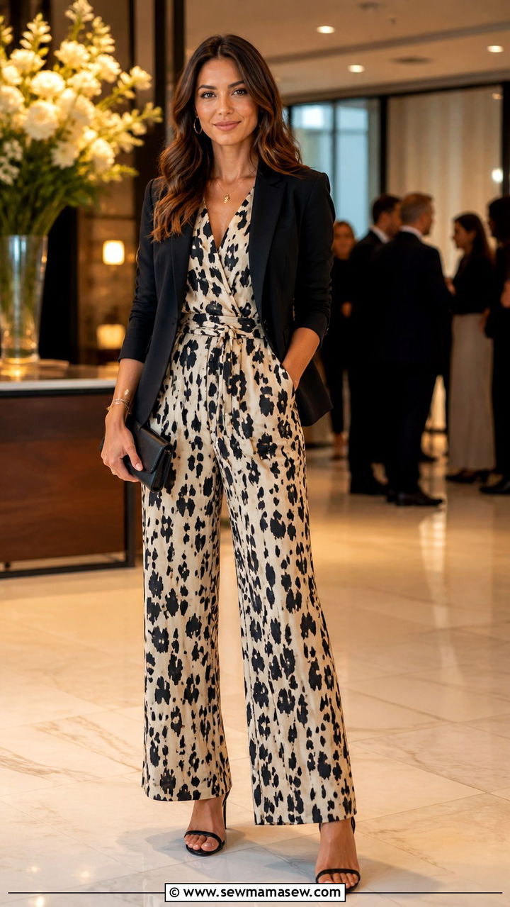 Printed Wide Leg Jumpsuit with a Structured Blazer and Heels - 40 Business casual outfit ideas for women