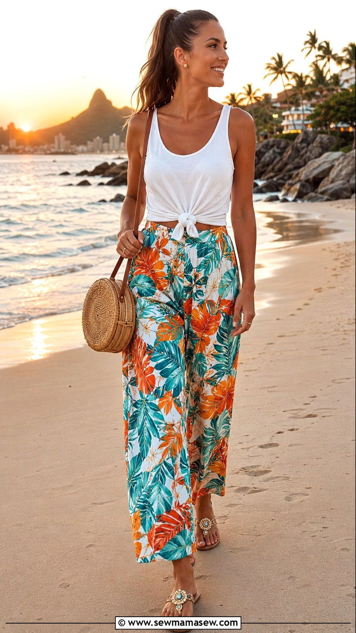 Printed Wide Leg Pants With Knotted White Tank - 30 Tropical vacation outfits