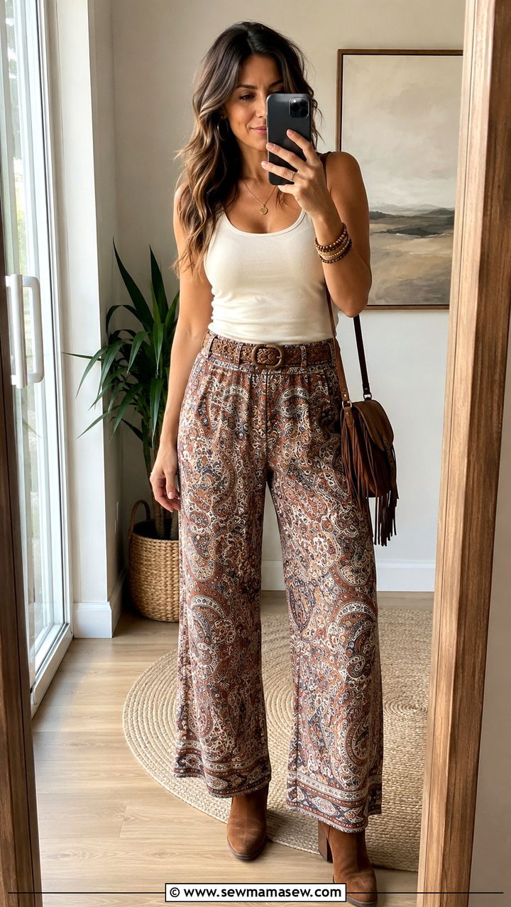 Printed Wide Leg Pants With Solid Top And Suede Boots - 25 Boho outfit ideas with suede boots