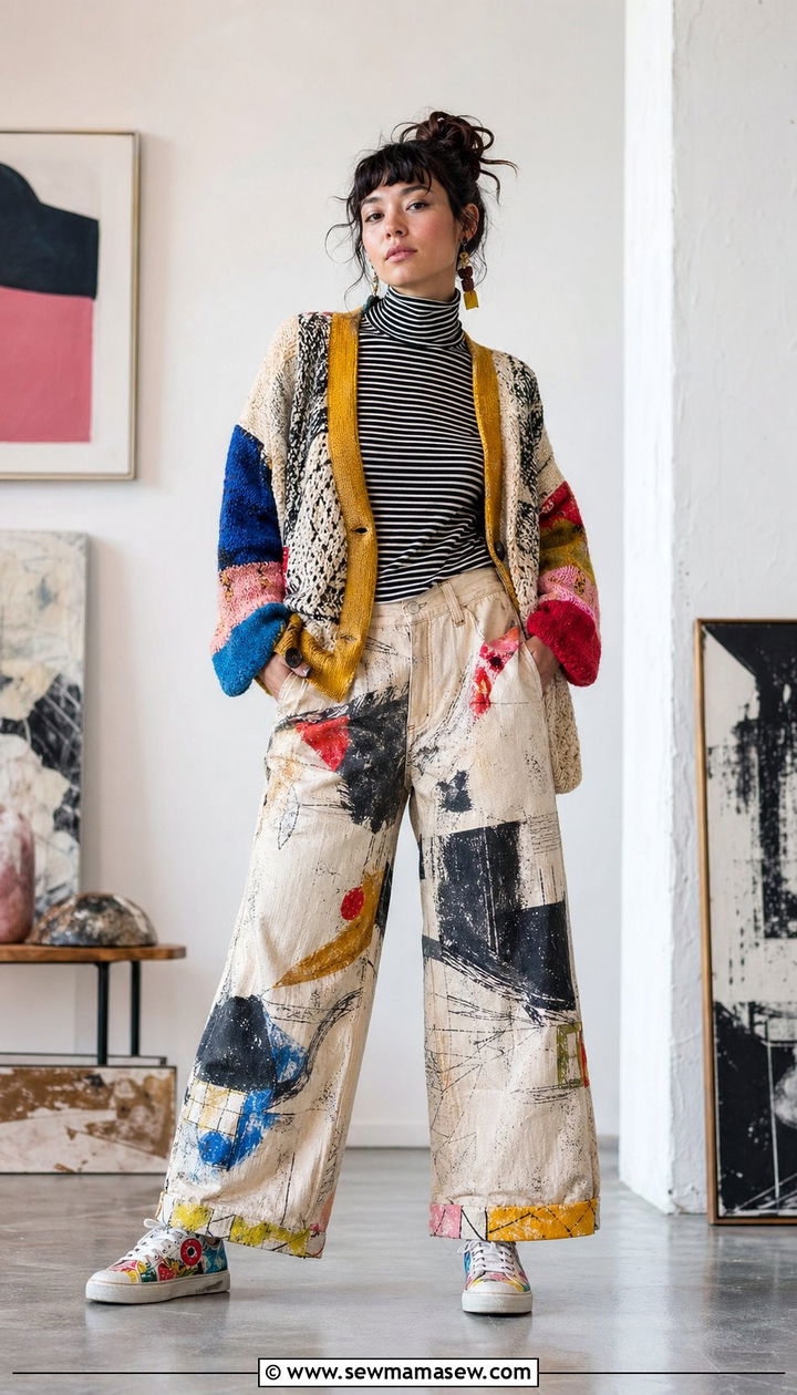 Printed Wide Leg Pants With Striped Turtleneck And Patchwork Cardigan - 35 aesthetic outfits for women