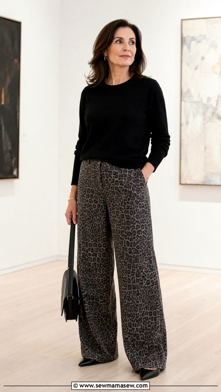 Printed Wide Leg Pants with a Solid Cashmere Crew - 30 Sophisticated outfit ideas for women over 40