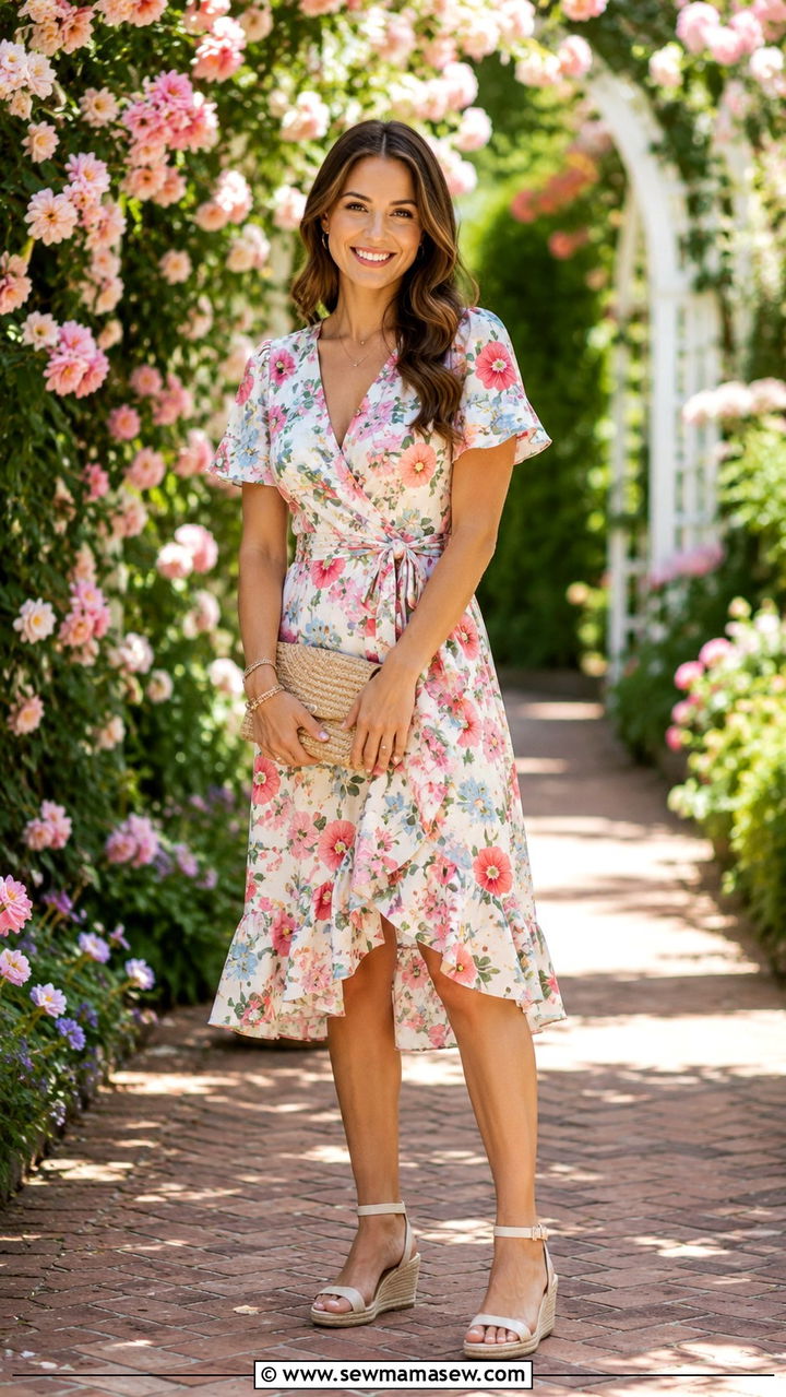 Printed Wrap Dress With Espadrille Wedges And A Straw Clutch - 20 Profile photo outfit ideas